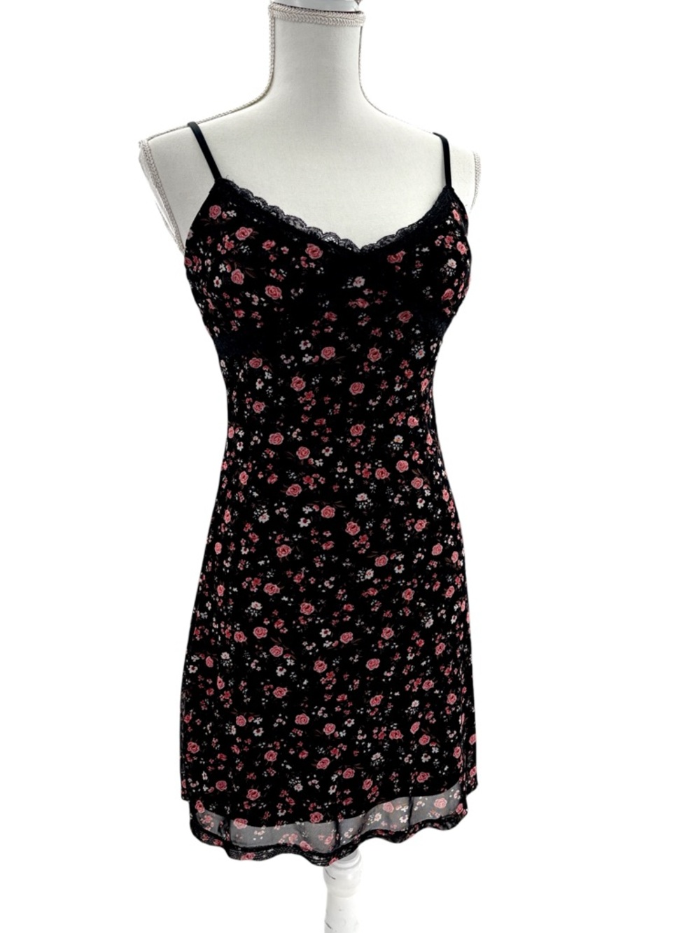 Whimsigoth Black Mesh  Slip Dress with Pink Floral Print Size S